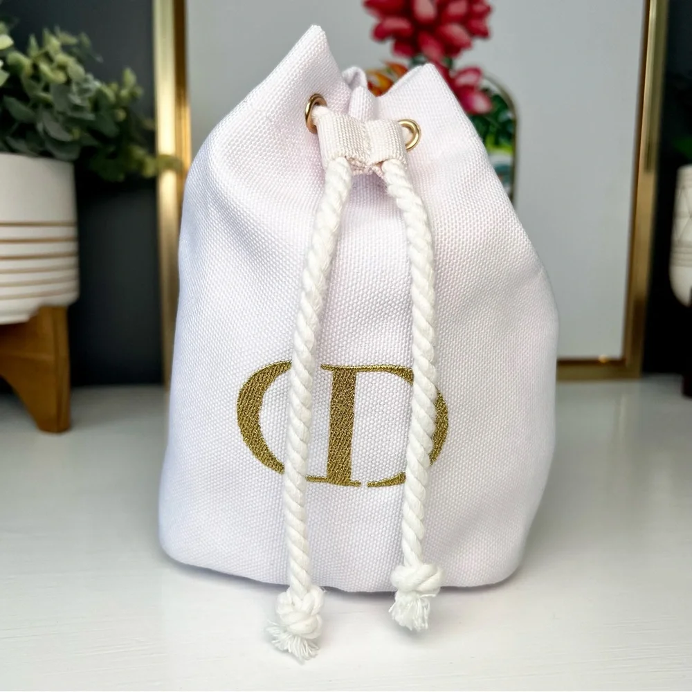 Dior White Canvas Drawstring Cosmetic Pouch with Gold Logo - Picture 2 of 6